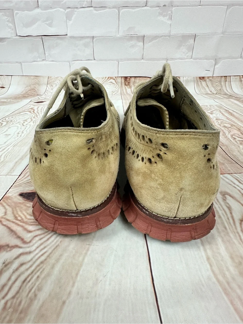 Cole Haan Tan Suede Wingtip Oxfords with Brown-Red Lug Sole